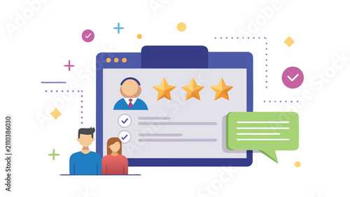 Customer satisfaction survey form with people profile and star rating system feedback customer satisfaction business experience evaluation communication marketing positive interaction