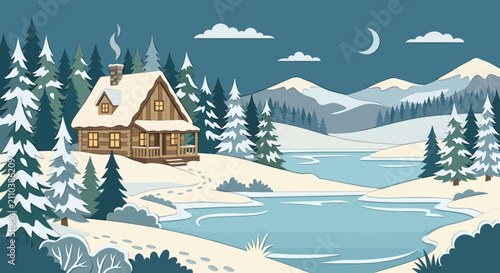 Cozy winter cabin by frozen lake, snow-covered pine trees, mountains, crescent moon.
