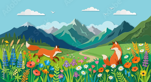 Cute foxes in a wild flower meadow with mountains and sky