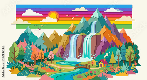 Colorful mountain landscape with waterfall and rainbow sky.