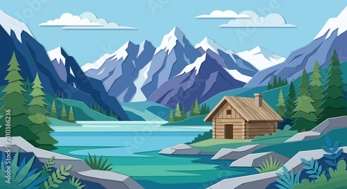 Cozy wooden cabin by mountain lake, stunning alpine landscape, serene nature scene