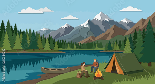 Couple camping by mountain lake with canoe and campfire, flat design illustration