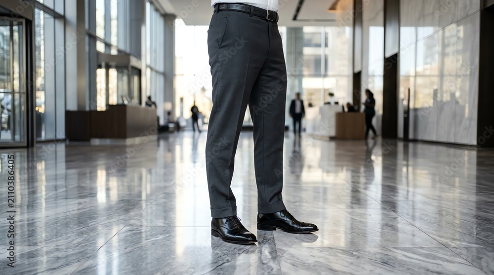 Fototapeta premium Professional man standing in modern office building lobby with marble floors