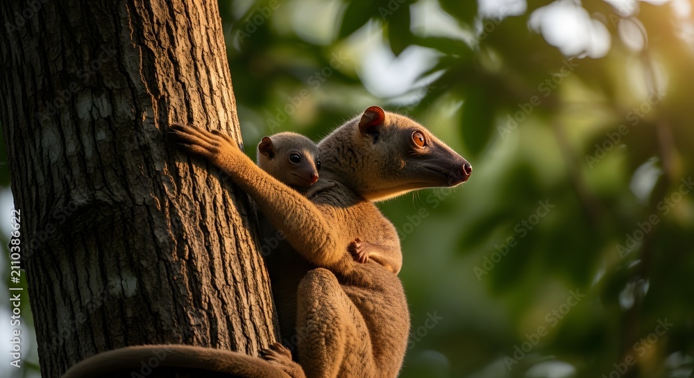 Obraz premium Mother lemur climbing tree with baby on back
