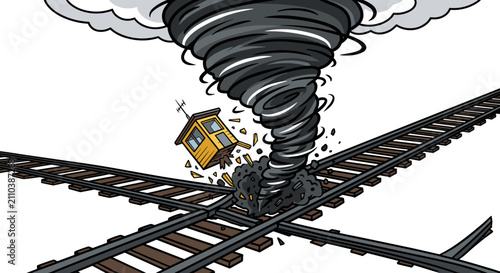 Tornado hitting a small building and railroad tracks