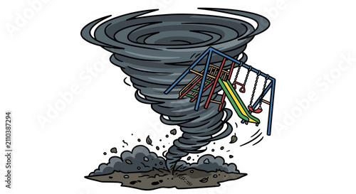Tornado destroying a colorful children playground structure