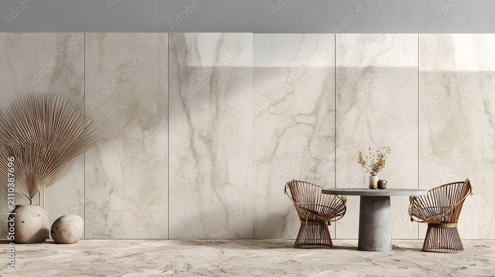 Obraz premium design minimalist of a full length photo of concrete wall which colour of combination brown and beige compliment with chair and table