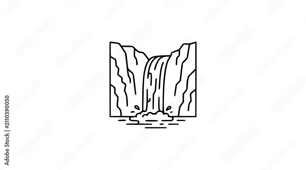 Obraz premium Waterfall Between Cliffs Vector Icon – Minimalist Line Art Illustration of Cascading Water and Rocky Landscape