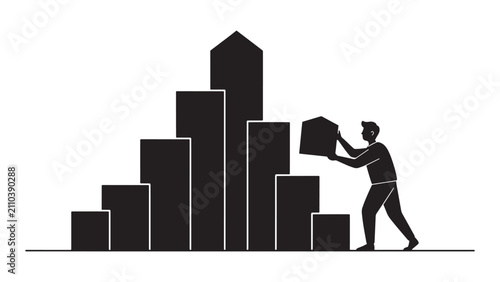 Business person stacking a box beside growth bar chart on dark background