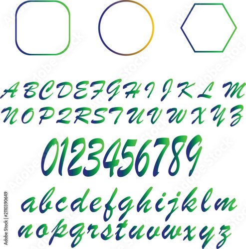 Modern gradient brush script alphabet, numbers, and geometric shapes vector set