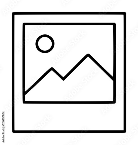 Polaroid Photo Vector Icon with Mountain Landscape - Hand-Drawn Minimalist Line Illustration for Graphic Design