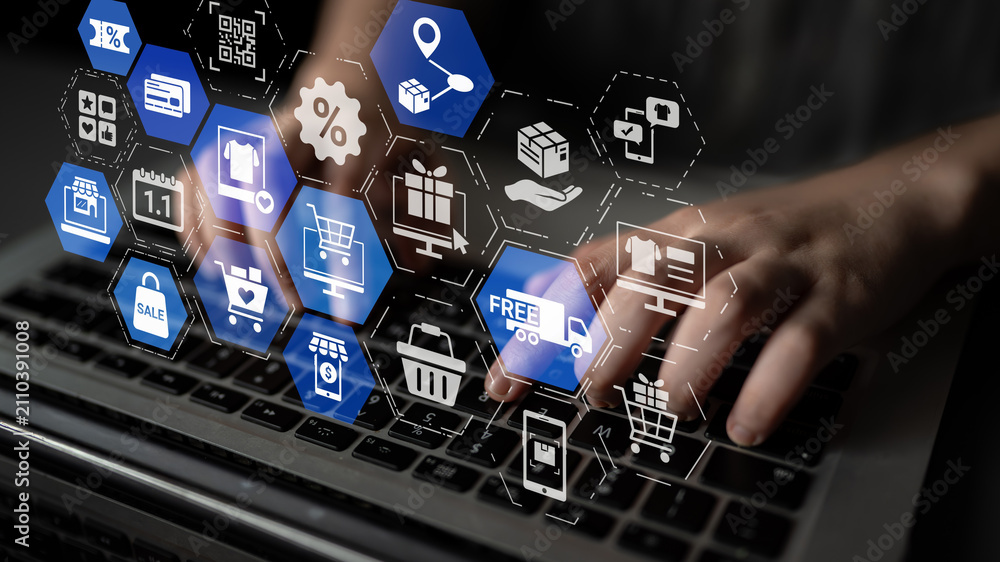 Fototapeta premium Omni-channel marketing and online shopping strategies, cross-platform customer experience, brand unification, and integrated marketing communication across digital channels. Entice