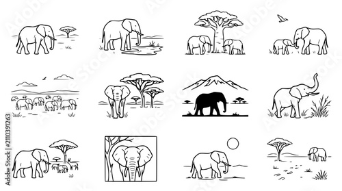 Bild auf Leinwand African Elephant Family Safari Wildlife Line Art Collection