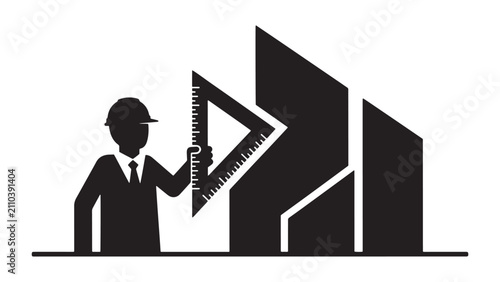 Construction engineer using ruler and building plan with modern development concept icon