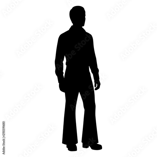 A striking black silhouette of a man dressed in classic 1970s fashion, featuring a button-down shirt and iconic flared bell-bottom trousers.