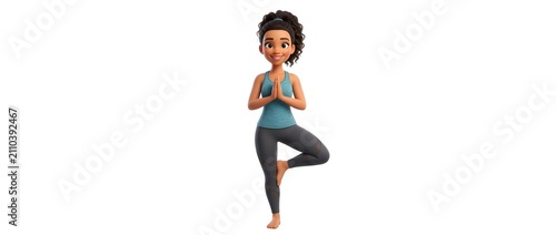 Woman practicing yoga tree pose in athletic clothing isolated on white