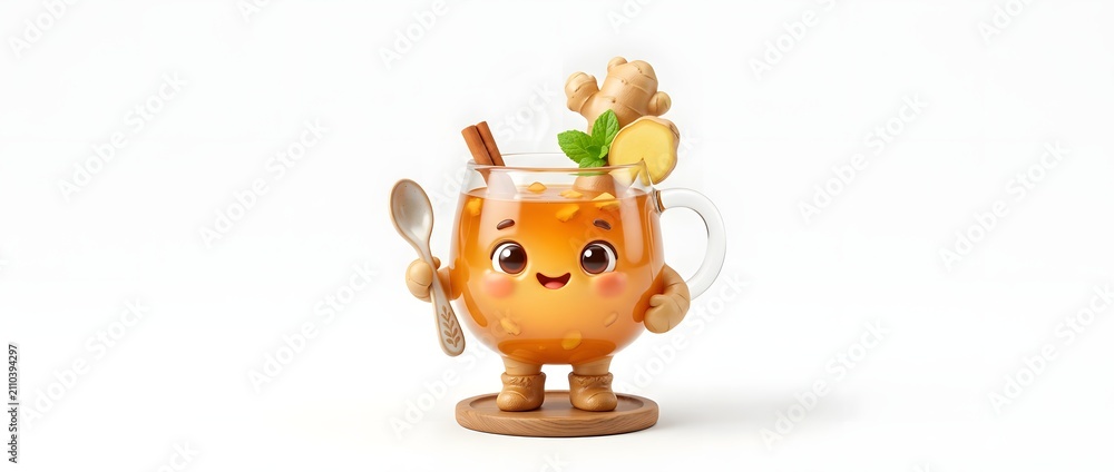 Fototapeta premium Cute cartoon cup of ginger tea with smiling face and spoon