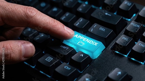 Human finger pressing a glowing blue appendix key on a modern black mechanical computer keyboard