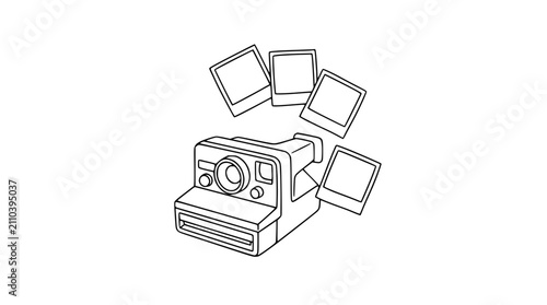 Retro Instant Camera with Floating Photos, Vintage Photography Concept