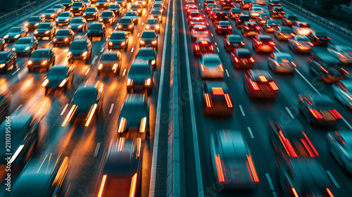 Two-lane highway traffic at night with blurred cars showing yellow and red light trails.