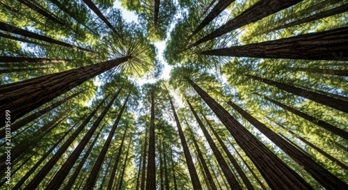 Wide angle shot looking up at a towering redwood forest canopy