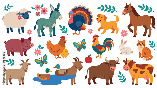 Foto Collection of various farm animals with flowers and leaves.