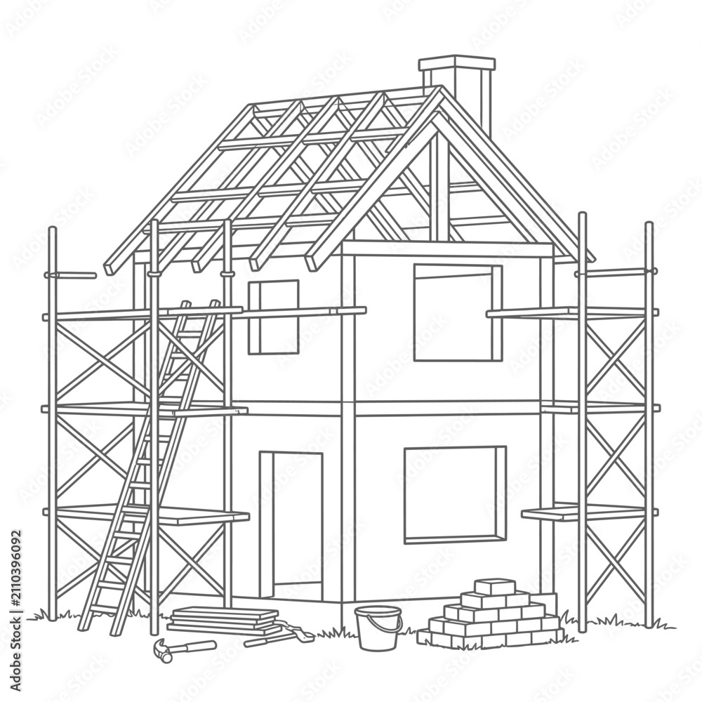 Fototapeta premium Outline drawing of a residential house under construction with wooden scaffolding and roof framing