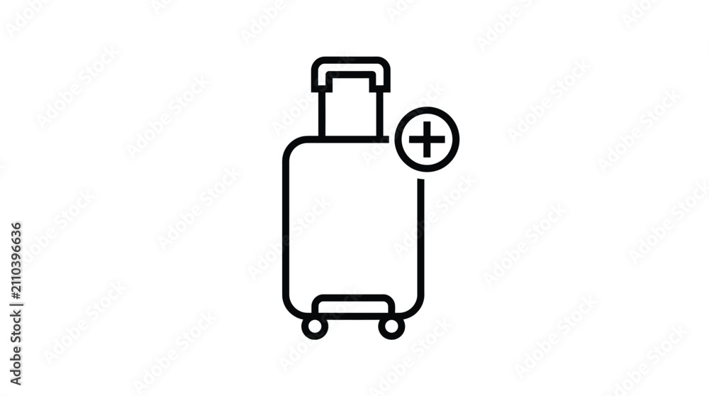 Fototapeta premium Travel luggage icon with plus sign for add or new trip. Minimalist suitcase vector symbol for booking, expansion, or vacation planning.