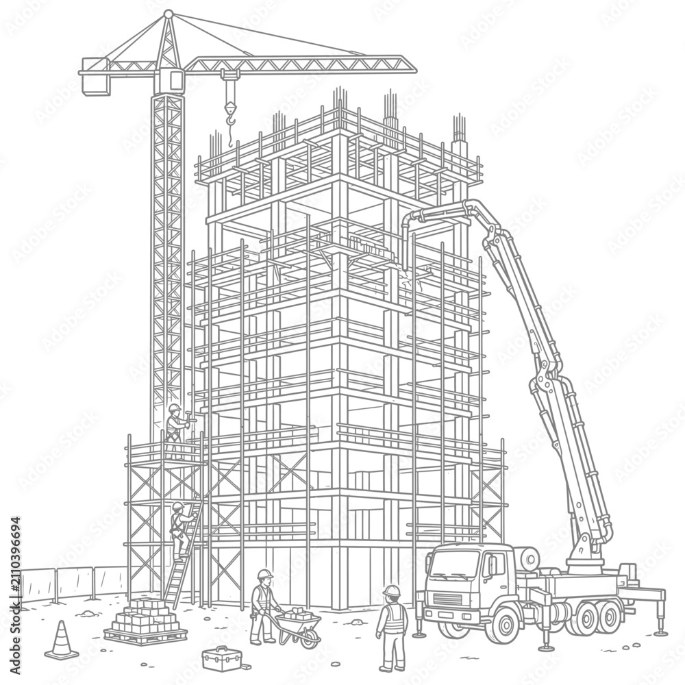 Fototapeta premium Building Construction Site Outline Illustration with Tower Crane, Concrete Pump Truck, Workers and High Rise Architecture Line Art