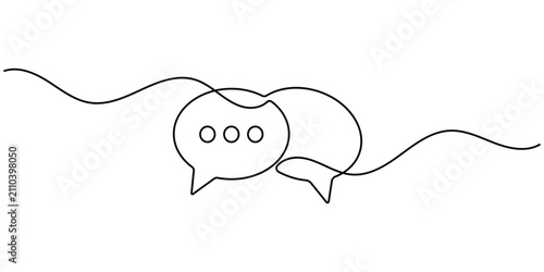 Oval speech bubbles continuous line art depicting two rounded message boxes with ellipsis dots. Clean vector illustration.