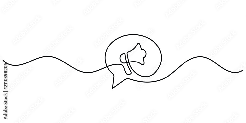 Obraz premium Megaphone speech bubble continuous line art showing a minimalist announcement symbol vector.