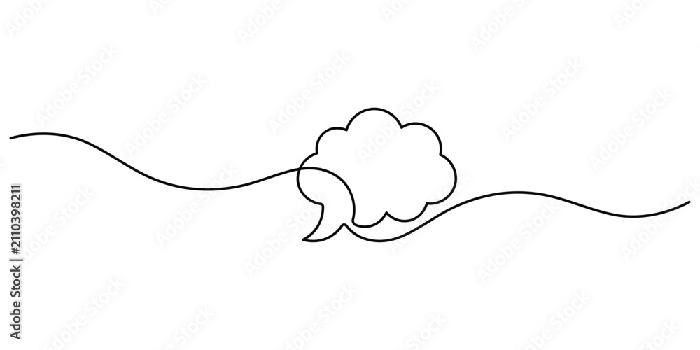 Fototapeta premium Cloud speech bubble continuous line art showing a minimalist thought symbol vector.