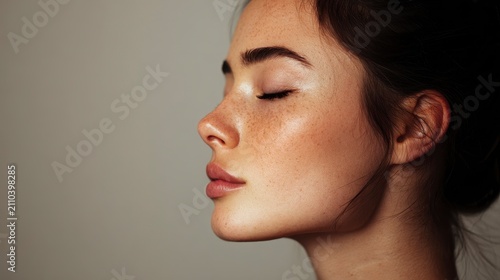 A side profile of a young woman with closed eyes, freckles, and light skin, hair pulled up, against a simple gray background