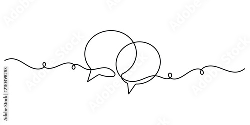 Overlapping speech bubbles continuous line art showing a minimalist chat icon vector.