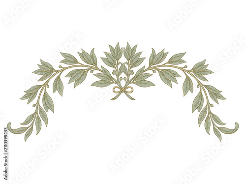 Vintage laurel wreath illustration with sage green leaves and gold ribbon, elegant botanical arch design for wedding invitations and luxury branding. Classic olive branch garland border with