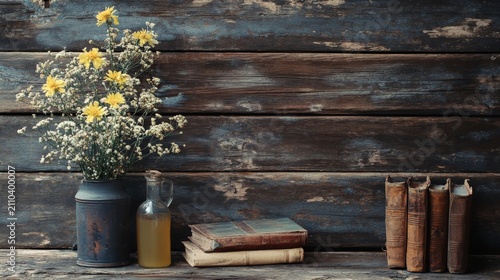 Still life Flowers, books and liquid on aged wooden planks creating a vintage mood