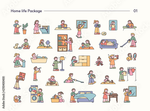 People doing daily household chores at home. Cute flat vector illustration featuring cleaning, laundry, cooking and home management activities.