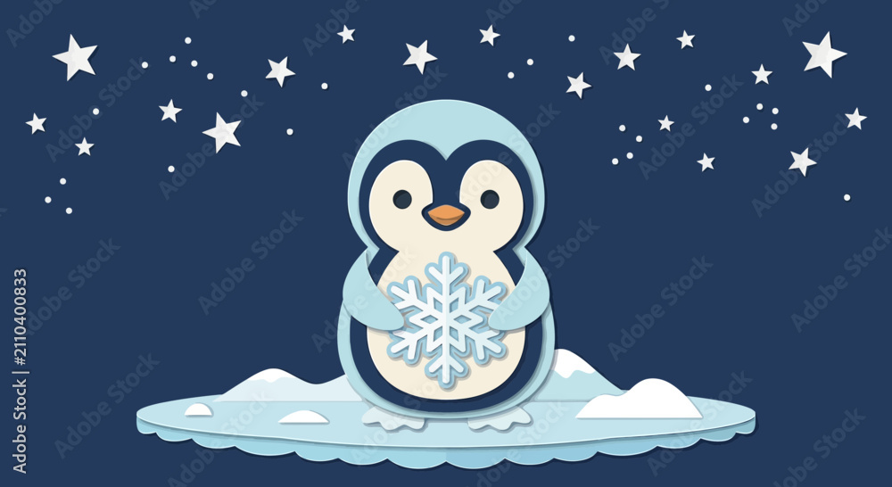 Fototapeta premium Cute cartoon penguin holding snowflake on ice floe, starry night