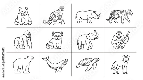 Obraz na płótnie Minimalist wild animal line icons, set of 12 endangered species vector illustrat