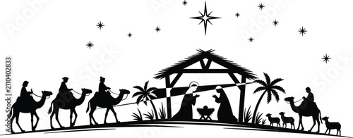 Bild auf Leinwand Christmas Nativity Scene with Three Wise Men, Black Vector Silhouette Illustrati