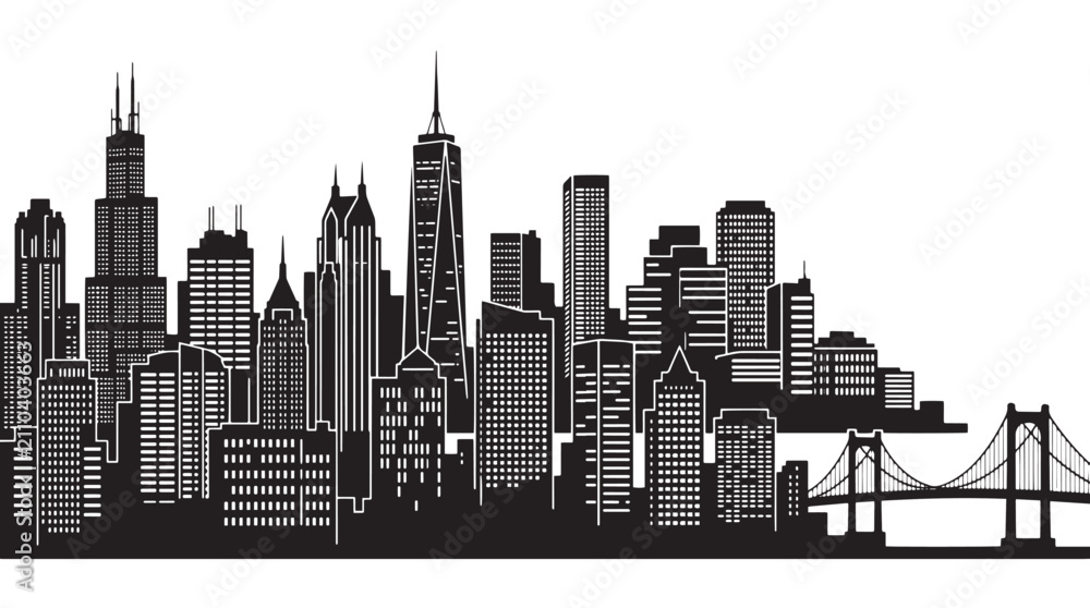 Obraz premium Modern City Skyline Silhouette with Skyscrapers and Bridge