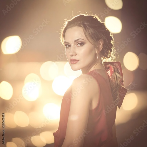 A woman with styled hair in a red dress looks over her shoulder. Bokeh lights frame her, creating a soft, warm ambiance