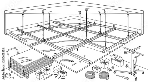 Technical Illustration of Suspended Ceiling Grid Installation with Tools and Materials