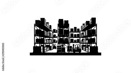 Warehouse Interior Silhouette with Storage Shelves and Forklift