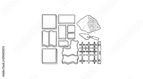 Paving Stones and Construction Tools Line Art Illustration for Landscaping