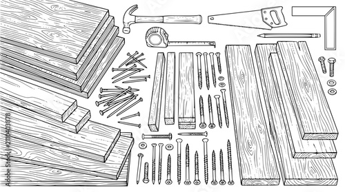 Woodworking and carpentry tools with wooden boards hand drawn illustration