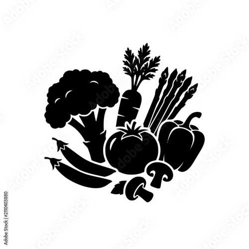 Vegetable Silhouette Collection Icon Set with Broccoli Tomato Carrot and Pepper