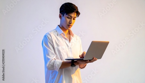 A young Asian man in a white shirt stands, focused, working on a laptop against a gradient of orange and blue