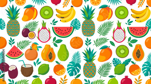 Cuadro en lienzo Vibrant seamless pattern of assorted fresh organic fruits in flat vector illustr