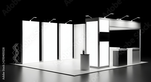Empty exhibition stand with blank white walls and illuminated lights, ready for a trade show or event presentation.